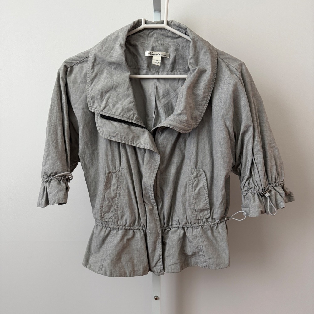 Kenneth Cole Cotton Lagenlook Academia Quirky Peplum Asymmetric Jacket XS Grey